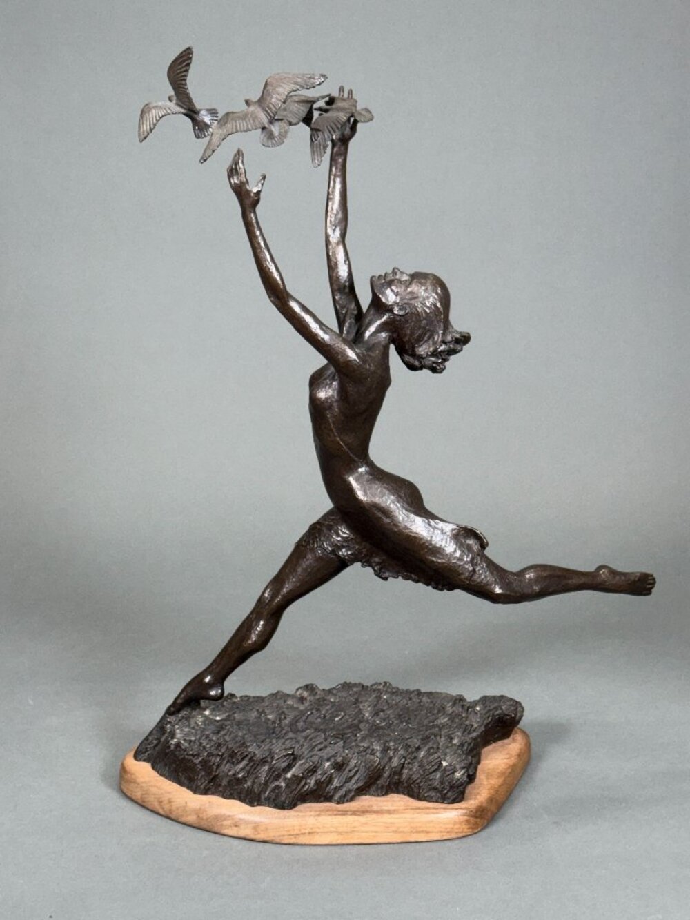 Vintage 1974 M. Young Signed Bronze Sculpture Running Nude Woman & Birds 40/50